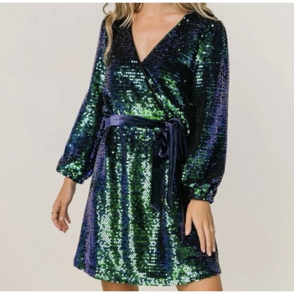 Baltic Born Green Sequin Wrap Mini Dress Long Sleeve Formal Small STD12509DR